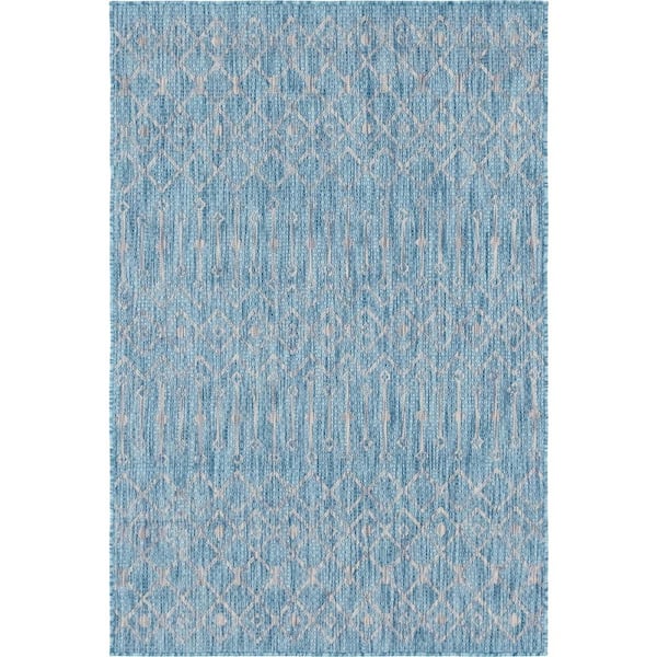 Unique Loom Aqua Blue/Gray Tribal Trellis Outdoor 4 ft. x 6 ft. Area Rug
