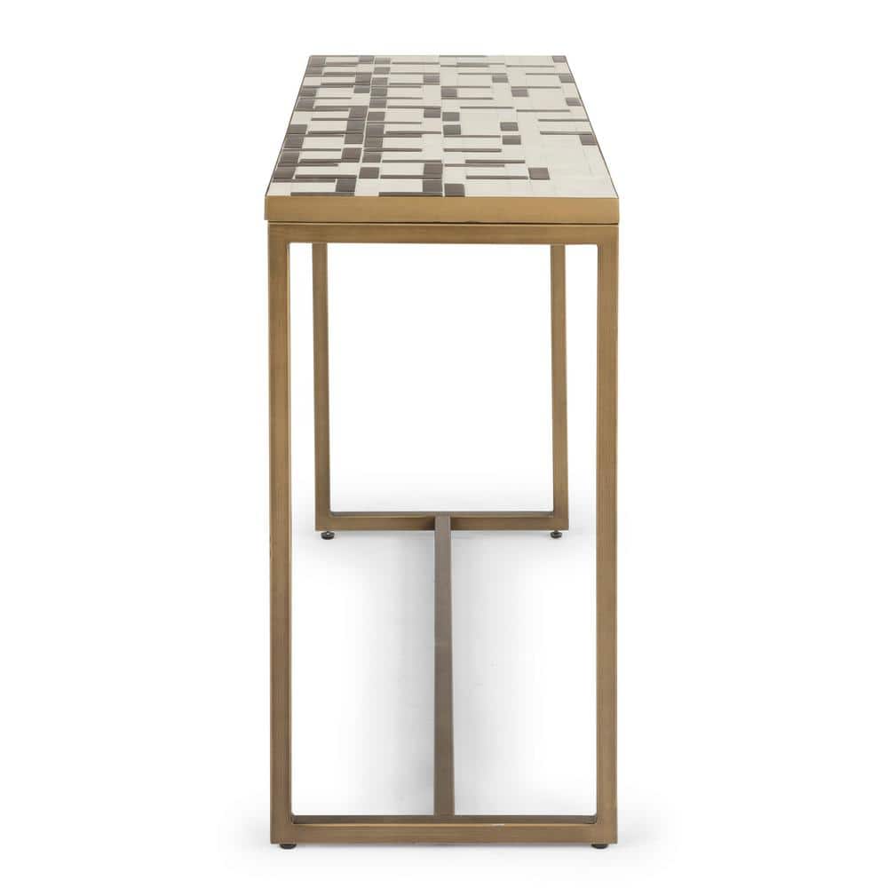 Geometric Mosaic Cream and Gold Tile Console Table with Brushed Brass Base