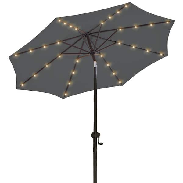 9 ft. Solar LED Lighted Market Patio Umbrella with Crank and Tilt in Dark Grey