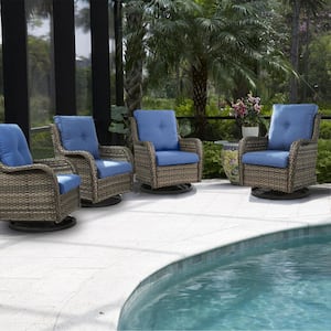 Carolina 4-Person Gray Wicker Outdoor Glider with Blue Cushions