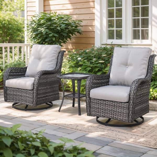 moosprr Modern Farmhouse 3-Piece Gray Wicker Patio Conversation Set with Olefin Beige Cushions and Swivel Gliders/Side Tables
