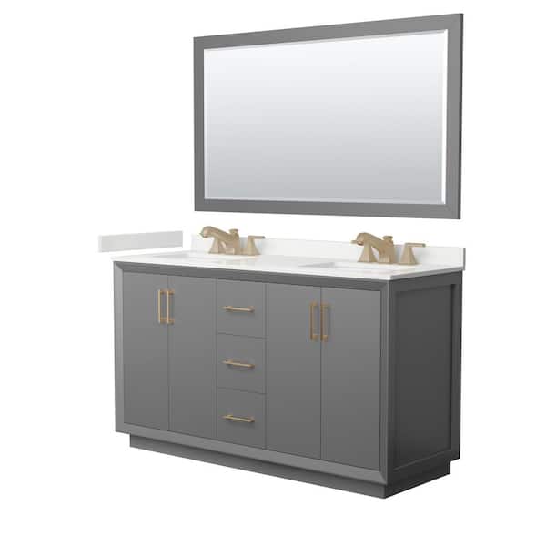 Wyndham Collection Strada 60 in. W x 22 in. D x 35 in. H Double Bath Vanity in Dark Gray with White Quartz Top and 58 in. Mirror