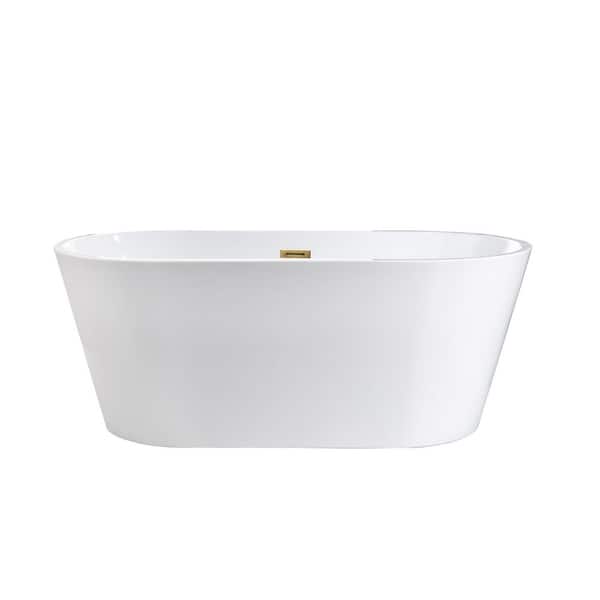 59 in. x 29.5 in. Acrylic Flat Bottom Soaking Bathtub in White with Brushed Gold Center Drain and Overflow