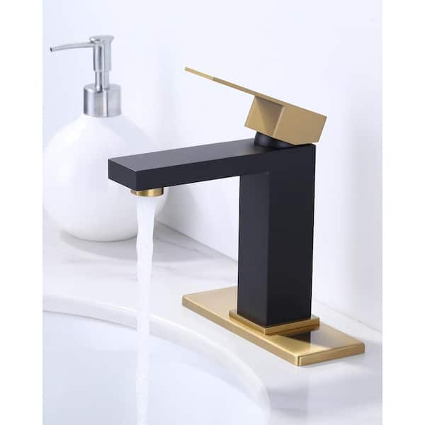 Single-Handle Single-Hole Bathroom Faucet with Deck plate Included in Black and Gold