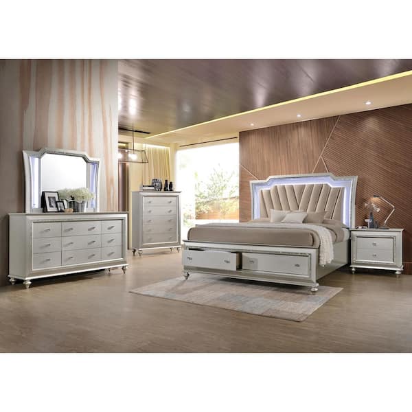 Acme Furniture Kaitlyn Beige Synthetic Leather and Champagne Wood Frame Queen Platform Bed with Storage and LED