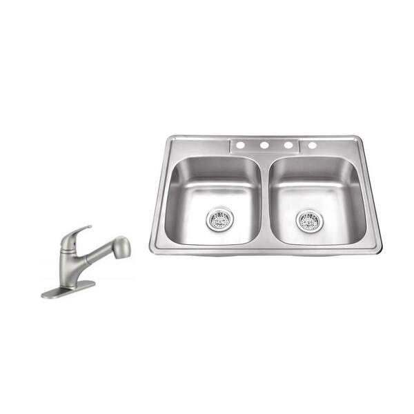 Ipt Sink Company All In One Drop In Gauge Stainless Steel 33 In 4 Hole 50 50 Double Bowl Kitchen Sink With Pull Out Kitchen Faucet Iptdp5050p58 The Home Depot