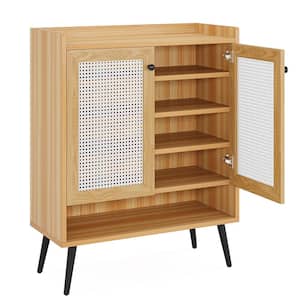 39 in. H x 31.5 in. W White Brown Rattan Shoe Storage Cabinet with Doors and Shelf