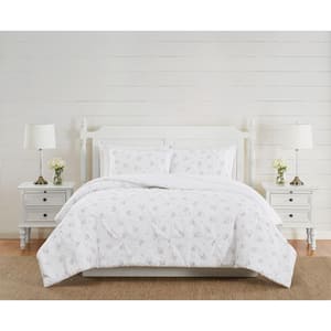 Signature Rosebury 3-Piece White / Pink Floral Cotton Full / Queen Comforter Set