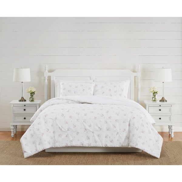 THE FARMHOUSE BY RACHEL ASHWELL Signature Rosebury 2-Piece White / Pink Floral Cotton Twin Comforter Set