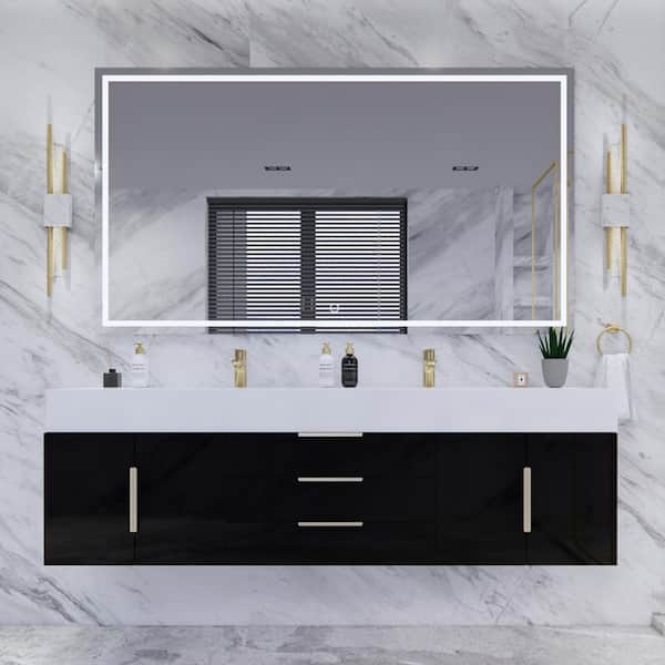 Bethany 71 in. W x 20 in. D x 22 in. H Double Sink Floating Bath Vanity in Gloss Black with White Acrylic Top