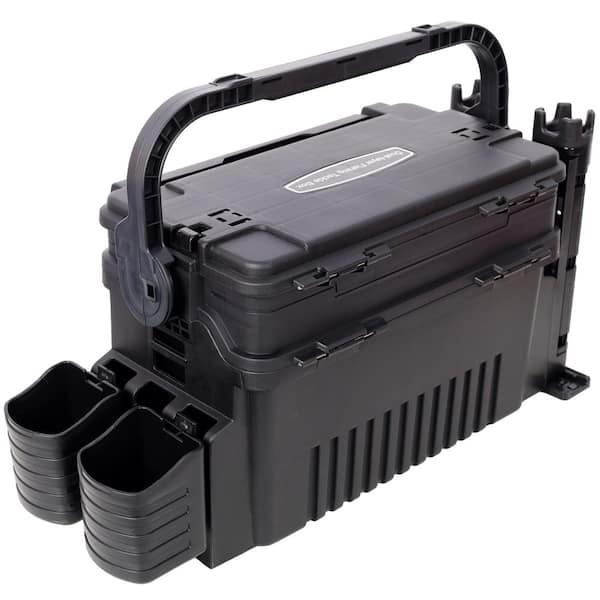 Tidoin 22.5 in. Black Dual-Layer Large Organizer Fishing Tackle Box with 2 Rod Holder, 2 Cup Holder and Strap