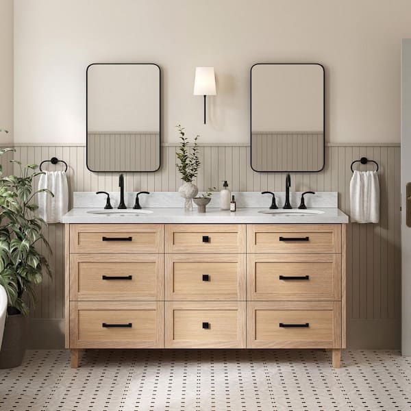 ARIEL Monroe 66 in. Double Sink Freestanding Bathroom Vanity in Oak with Carrara White Marble Top