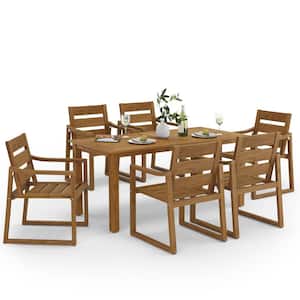 7-Piece Brown Recycled Plastic HDPS Outdoor Dining Set All Weather Indoor Outdoor Patio Table and Chairs with Armrest