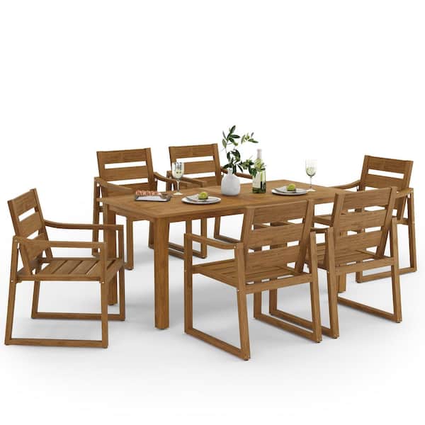 LUE BONA 7-Piece Brown Recycled Plastic HDPS Outdoor Dining Set All Weather Indoor Outdoor Patio Table and Chairs with Armrest