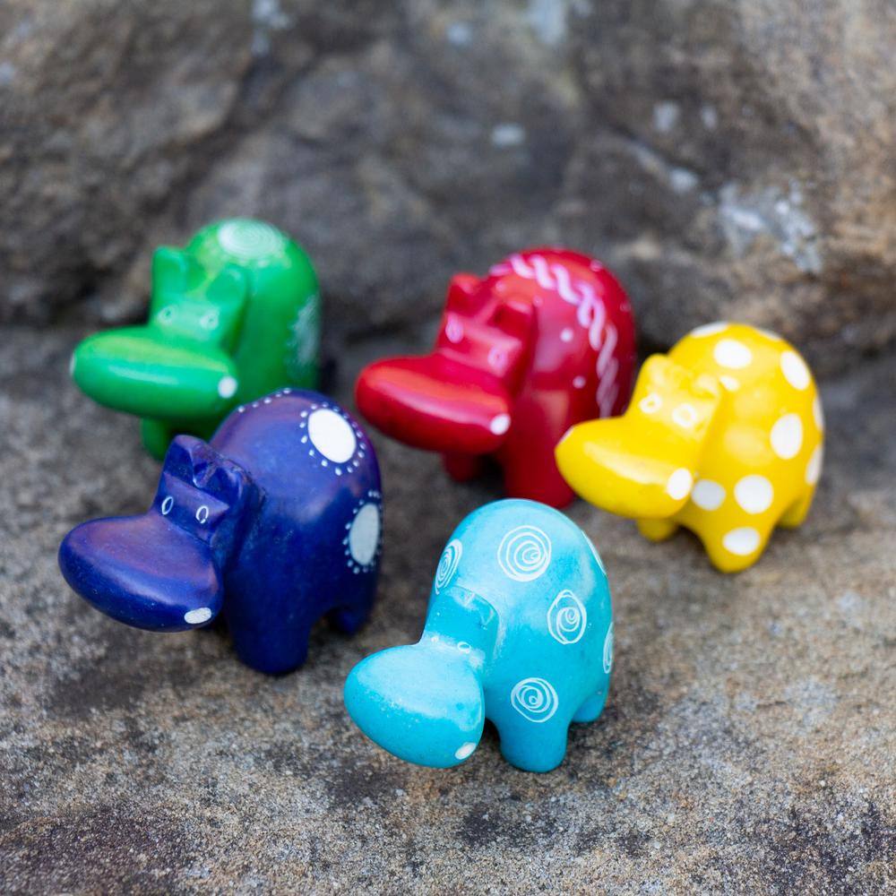 Hand-Painted Multicolor Soapstone Hippo Figurines Set