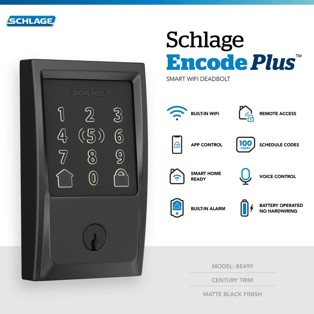 Century Matte Black Electronic Encode Plus Smart Wifi Deadbolt