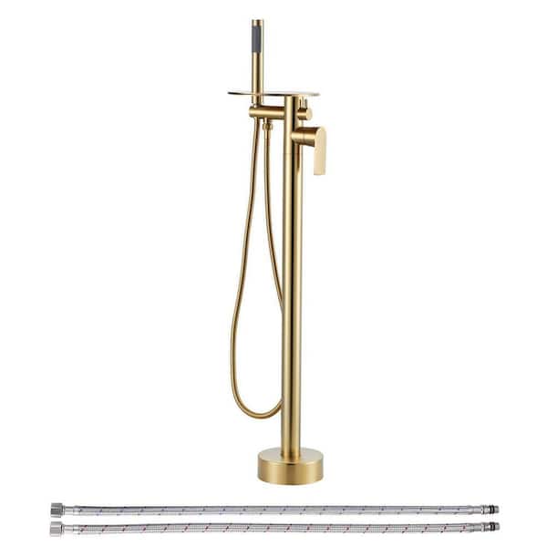 Single-Handle Freestanding Floor Mount Waterfall Brass Tub Filler Faucet with Hand Shower in Brushed Gold