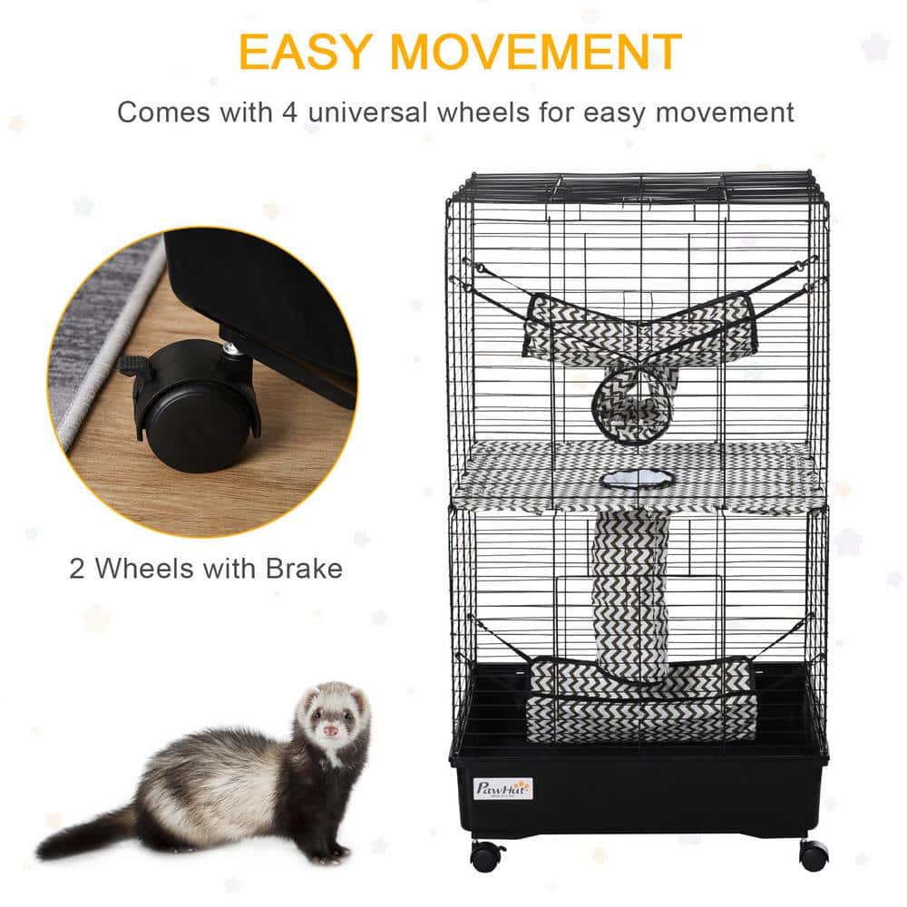 PawHut 42" Black Metal Ferret Cage with Hammocks and Tunnels