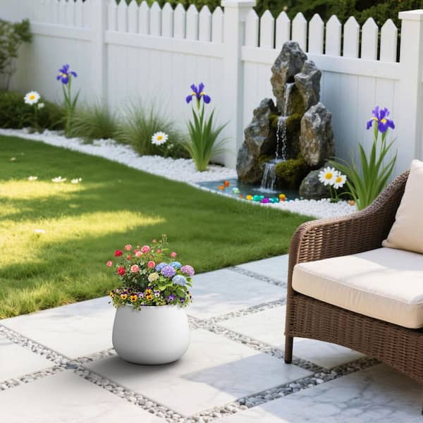11 in. Medium Pearl White(Upgraded Interior) Concrete Round Planter / Pot with Drainage Holes for Indoor and Outdoor