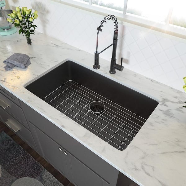 Staykiwi 33 in. Undermount Single Bowl 16-Gauge Gunmetal Black Stainless Steel Kitchen Sink with Bottom Grids