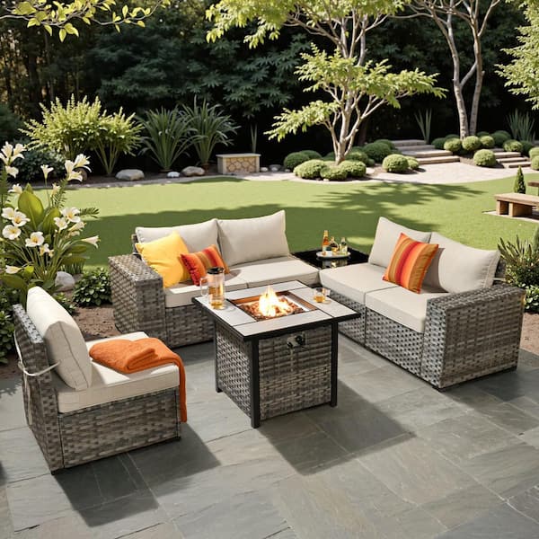Baldwin Gray 7-Piece Wicker Wide Arm Outdoor Patio Sofa Sectional Set with Square Fire Pit and Beige Cushions