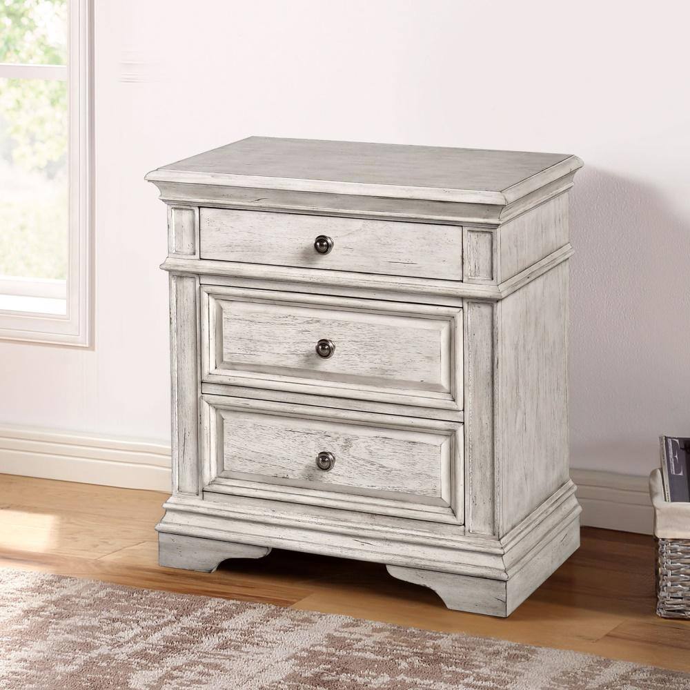 Highland Park Transitional 3-Drawer Nightstand in Distressed Ivory