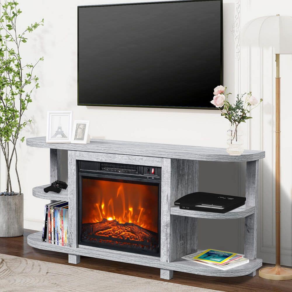IHOMEadore 48 in. Light Gray Corner Fireplace TV Stand Media