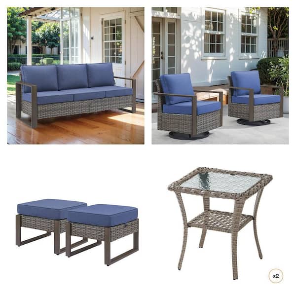 Gray Wicker 3-Seat Sofa, Rocking Chairs (2-Pack), Ottoman, and Side Table Set with Blue Cushions