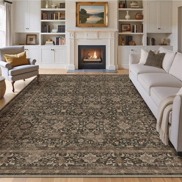 Qom Brown 9 ft. x 12 ft. Distressed Vintage Floral Washable Area Rug
