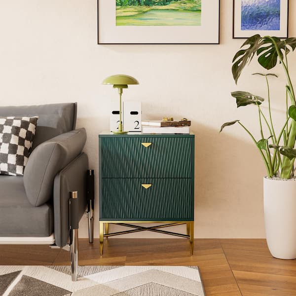 Boyel Living Green 2-Drawer Water Ripple Finish Designs Wood Nightstand with Square Support Legs