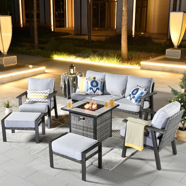 HOOOWOOO Walden Grey 6-Piece Wicker Steel Outdoor Patio Conversation Sofa Set with a Fire Pit and Light Grey Cushions