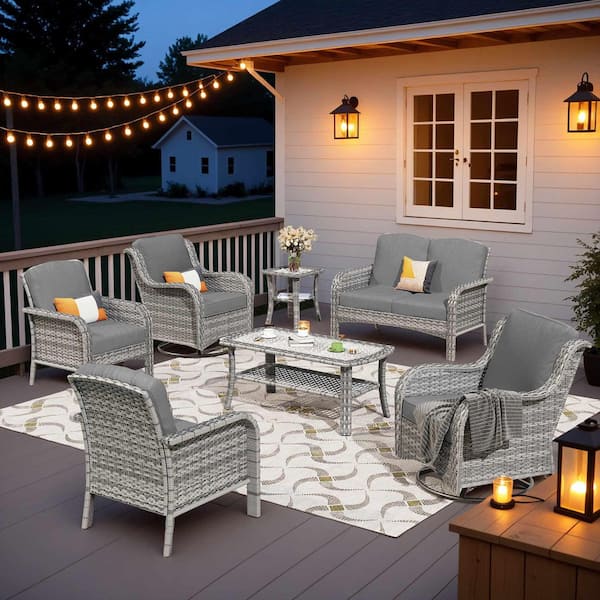OVIOS Miziisy Gray 7-Piece Wicker Patio Conversation Set with Dark Gray Cushions and Swivel Chairs