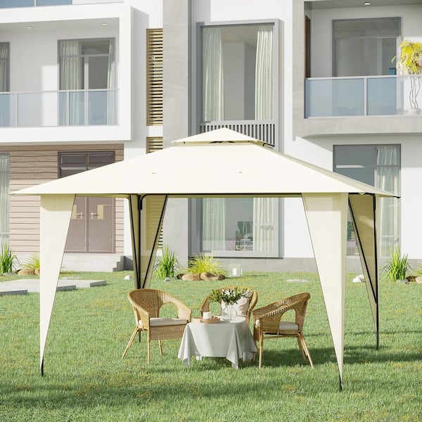 ToolCat 11 ft. x 11 ft. Outdoor Canopy Tent Party Gazebo with Double-Tier Roof, Steel Frame, Included Ground Stakes, Beige
