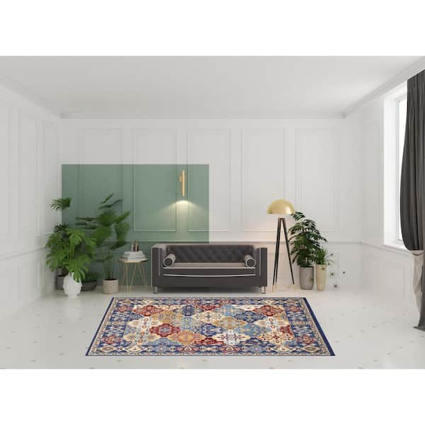 7 ft. x 10 ft. Blue Abstract Washable Square Area Rug