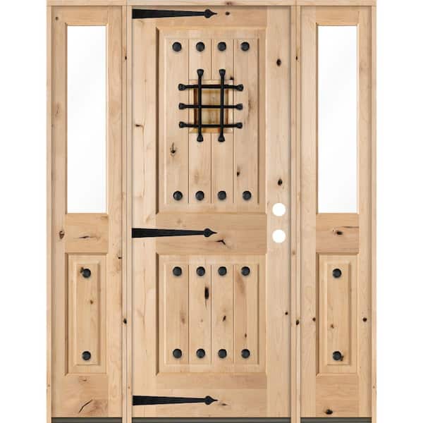 Krosswood Doors 58 in. x 80 in. Mediterranean Alder Sq-Top Clear Low-E Unfinished Wood Left-Hand Prehung Front Door with Half Sidelites