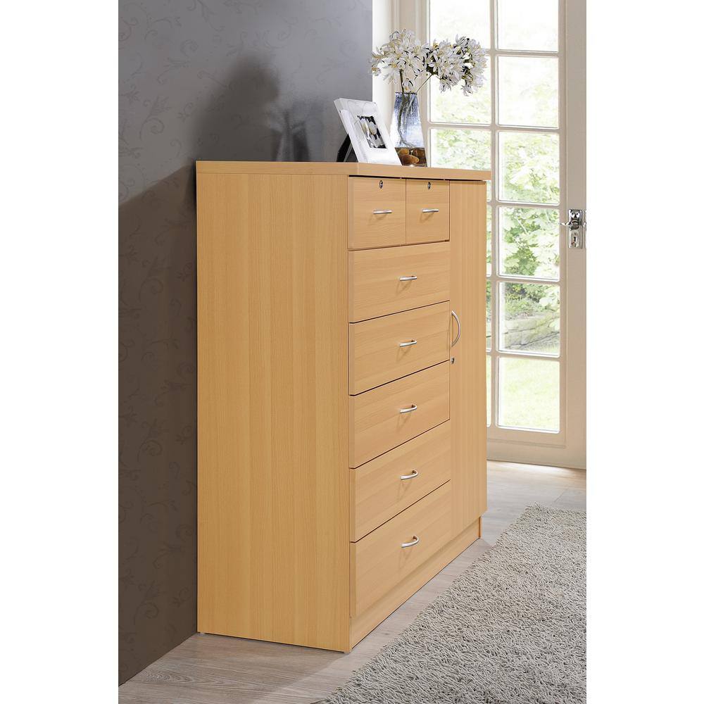 Beech 7-Drawer Chest with Locking Door and Shelves