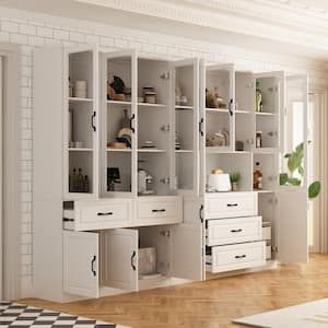 White Wood 110.2 in. W Buffet Combination Kitchen Cabinet W/Hutch, Glass Doors, Shelves (15.7 in. D x 78.7 in. H)