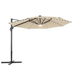 11 ft. LED Outdoor Cantilever Patio Umbrella with a Base and 360° Rotation and Infinite Canopy Angle Adjustment Sand