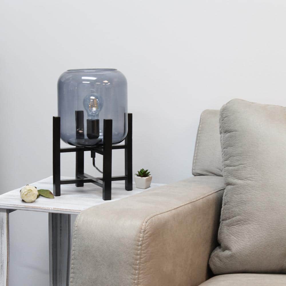 Black Wood Mounted Nightstand Lamp with Smoke Glass Barrel Shade