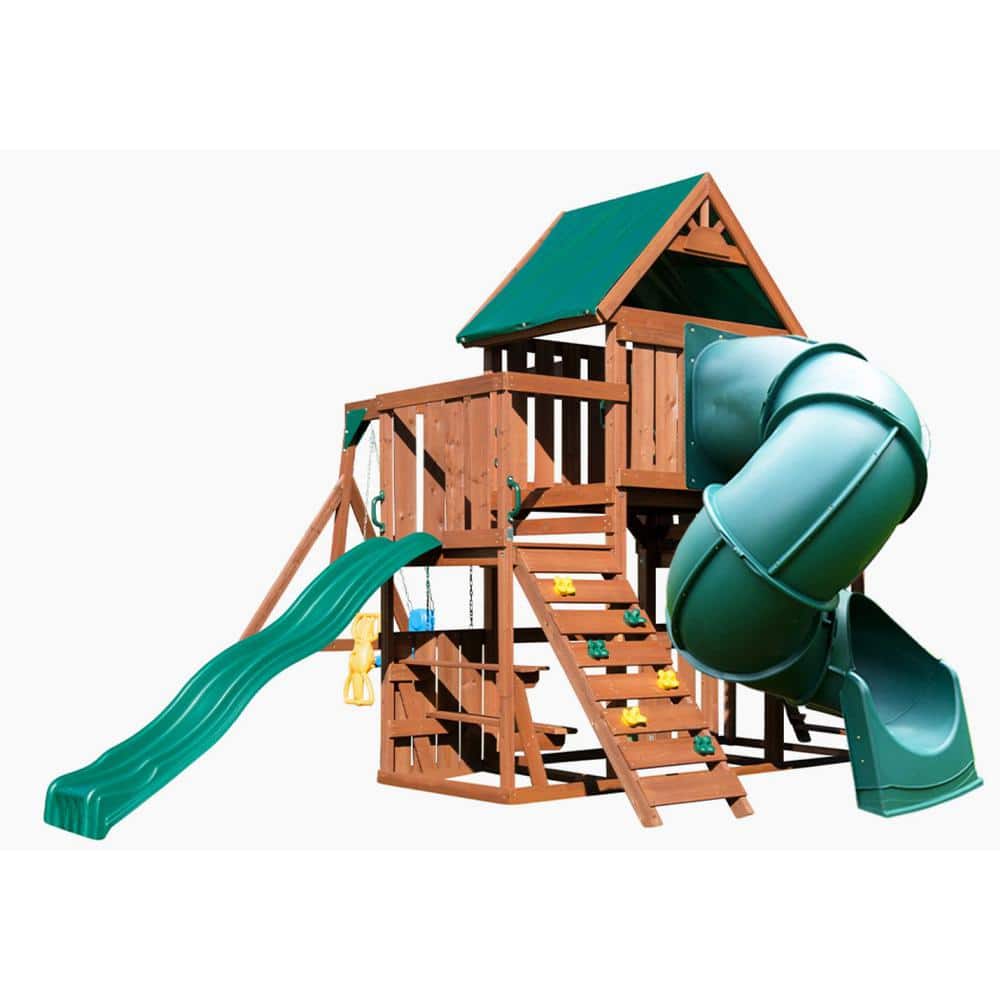 Denali Tower Wooden Playset with Green Slides and Swings