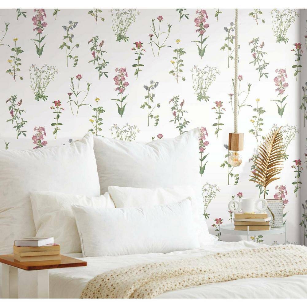 Green and Pink Floral Botanical Peel and Stick Wallpaper Roll