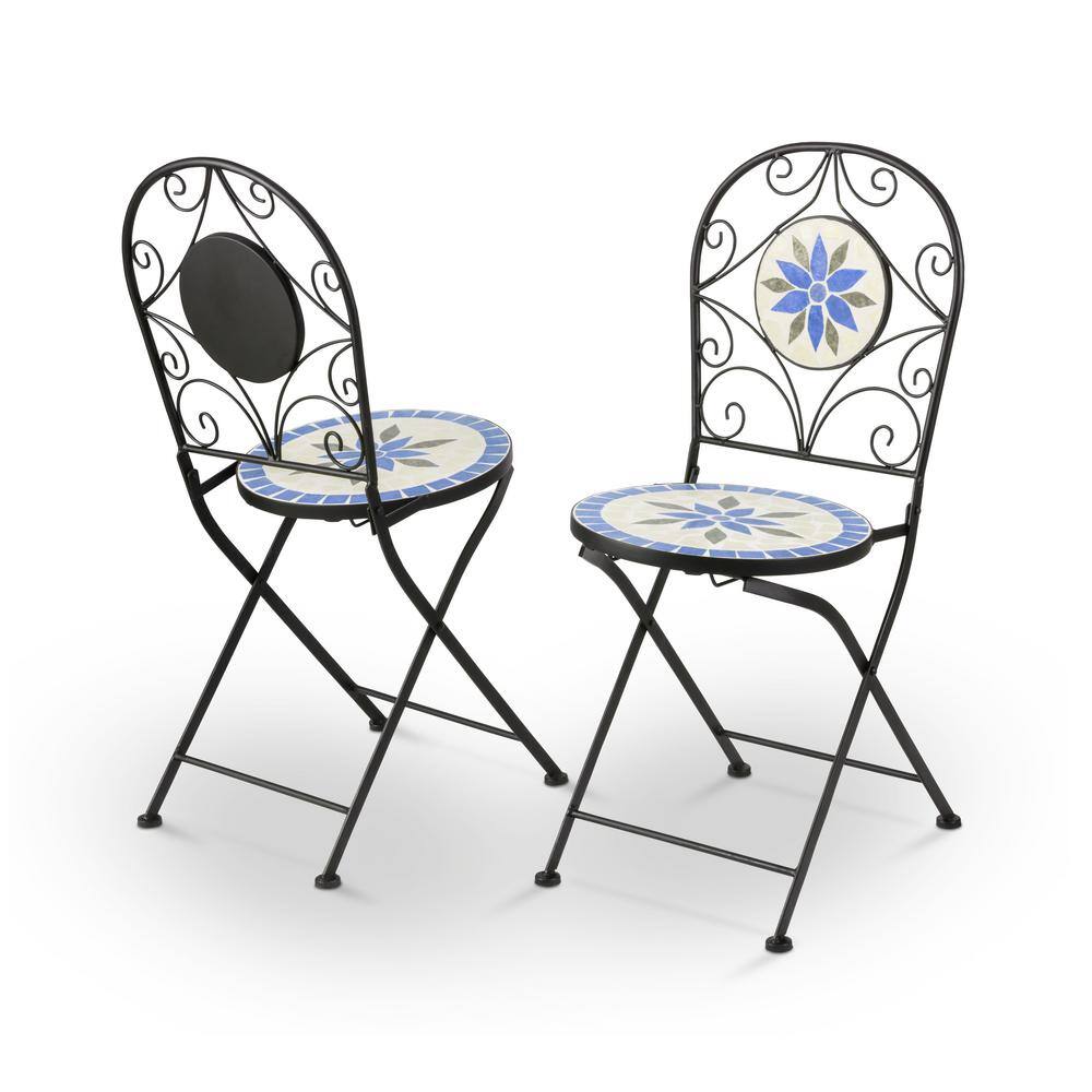 Blue and Beige Ceramic Mosaic Bistro Set with Steel Frame