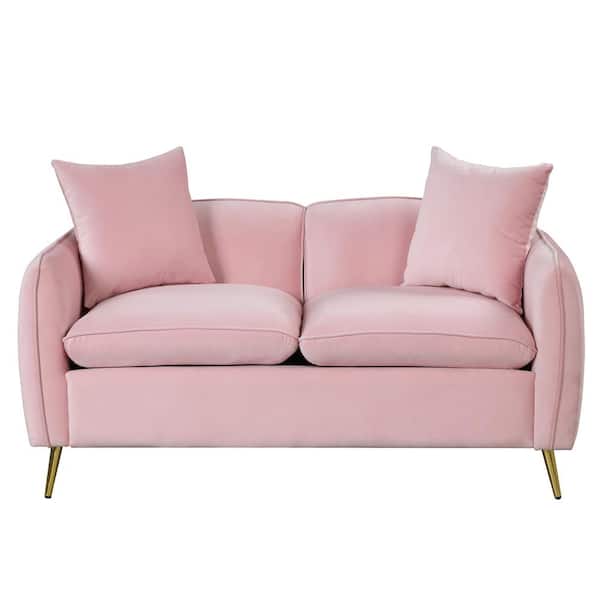 Polibi Modern 58 in. Pink-1 Upholstered Velvet 2-Seat Loveseat with 2 Pillows