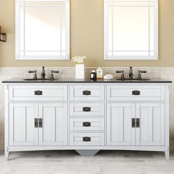 Home Decorators Collection Artisan 72 in. W x 21 in. D x 35 in. H Double Sink Freestanding Bath Vanity in White with Black Marble Top