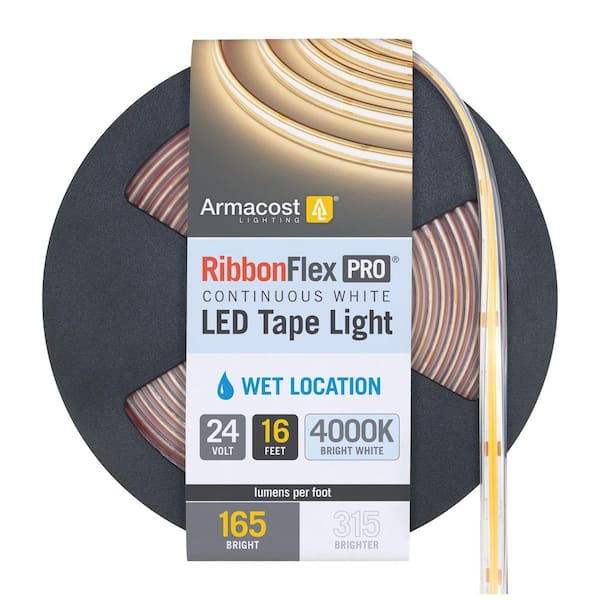 RibbonFlex Pro 24-Volt White COB Outdoor 16.4 ft. Hardwired Cuttable Integrated LED Strip Light Tape 4000k 165 Lumens/ft