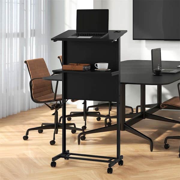 Costway 23.5 in. Black Mobile Lectern Podium Desk Height Adjustable Rolling Laptop Cart Sturdy Metal Frame