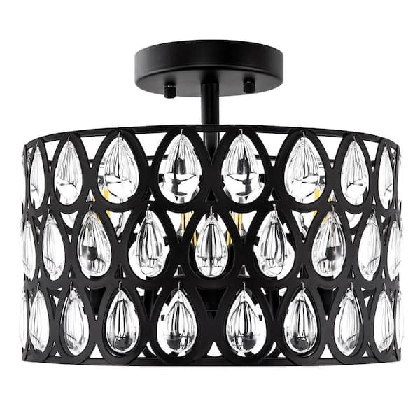Emeritpro 3-Light Matte Black Semi-Flush Mount Ceiling Light with Teardrop Crystal Accents, E12 Base
