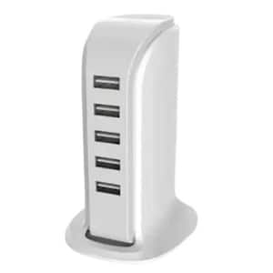 White Smart Power Tower 5 USB PORTS 6A, 30-Watts for Every Desk at Home or Office charge any Gadget with 4 ft. Cable