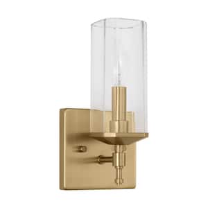 Weiss 10 in. 1-Light Satin Brass Vanity Light Sconce with Clear Glass Shade