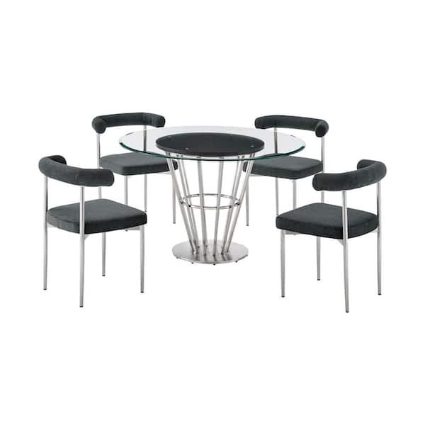 Armen Living Veronica and Shannon 5-Piece Charcoal and Glass Top Dining Set Seats 4